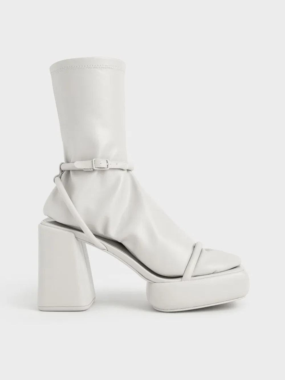 Charles & Keith White Platform Block-Heel Faux Leather Ankle Boot